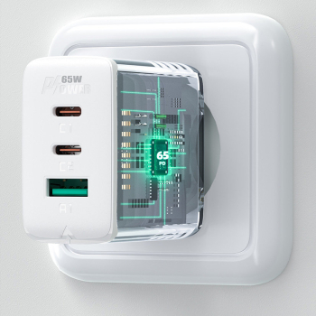 2w1 Ładowarka sieciowa 2x USB-C USB 65W + kabel USB-C biały
