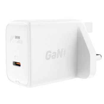 Ładowarka sieciowa angielska GaN USB-C 30W Q3 3.0 AFC FCP wtyczka UK biały
