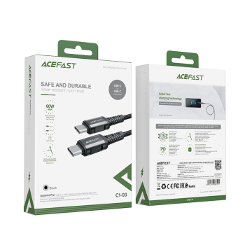 Kabel przewód w oplocie USB-C 60W 20V 3A 1.2m czarny