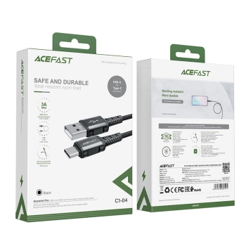 Kabel przewód w oplocie USB - USB-C 3A 1.2m czarny