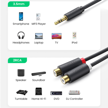 Kabel przewód przejściówka audio jack 3.5mm męski - 2x RCA żeński 0.25m szary