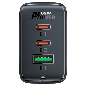 Szybka ładowarka sieciowa GaN 2x USB-C USB-A PPS PD QC4+ 65W czarna