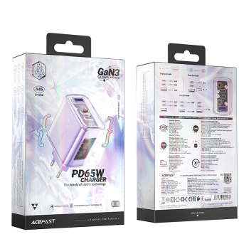 Ładowarka sieciowa GaN 65W 3 porty 1x USB 2x USB-C fioletowa