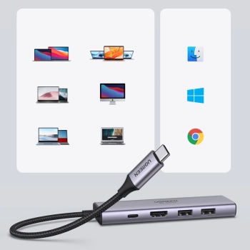 6w1 wielofunkcyjny HUB USB-C - 2x USB HDMI 4K czytnik kart SD i TF USB-C PD 100W szary