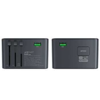 Uniwersalna ładowarka podróżna GaN 2x USB-A 3x USB-C wtyczki UK EU USA AUS czarna