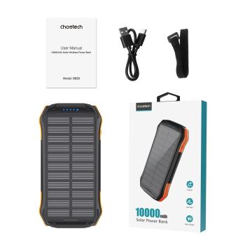 Powerbank solarny 10000mAh z ładowarką indukcyjną Qi 5W pomarańczowy