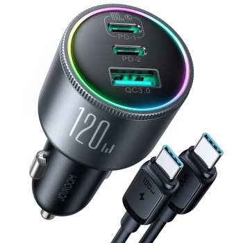 Ładowarka samochodowa 120W 2x USB-C 1x USB-A + kabel USB-C 100W ciemnoszara