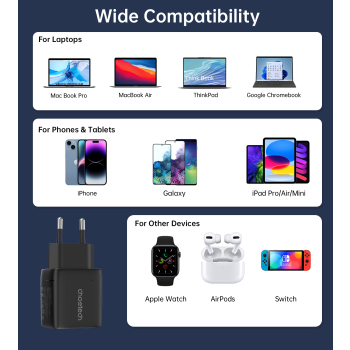 Mała mocna ładowarka sieciowa GaN 2x USB-C PD 35W z wyświetlaczem czarna