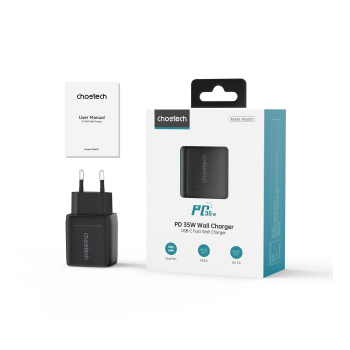 Mała mocna ładowarka sieciowa GaN 2x USB-C PD 35W z wyświetlaczem czarna
