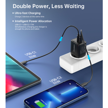 Mała mocna ładowarka sieciowa GaN 2x USB-C PD 35W z wyświetlaczem czarna
