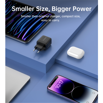 Mała mocna ładowarka sieciowa GaN 2x USB-C PD 35W z wyświetlaczem czarna