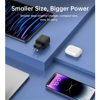 Mała mocna ładowarka sieciowa GaN 2x USB-C PD 35W z wyświetlaczem czarna