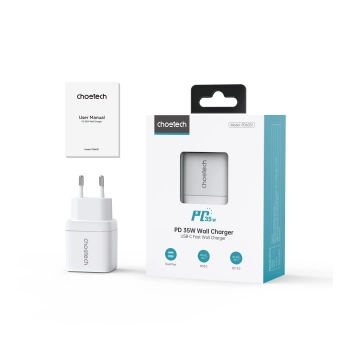 Mała mocna ładowarka sieciowa GaN 2x USB-C PD 35W z wyświetlaczem biała