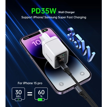 Mała mocna ładowarka sieciowa GaN 2x USB-C PD 35W z wyświetlaczem biała