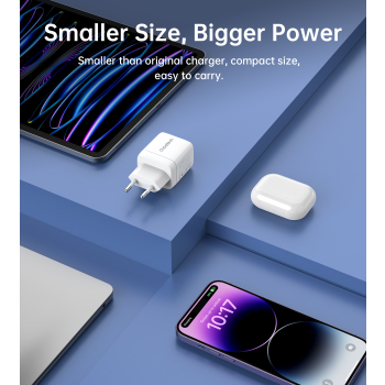 Mała mocna ładowarka sieciowa GaN USB-A USB-C PD 35W z wyświetlaczem biała
