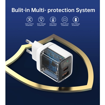 Mała mocna ładowarka sieciowa GaN USB-A USB-C PD 35W z wyświetlaczem biała