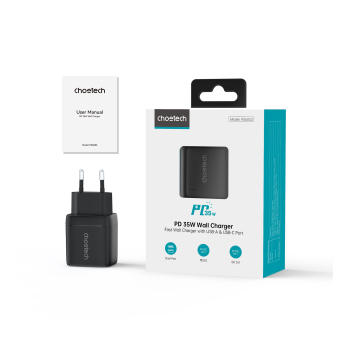Mała mocna ładowarka sieciowa GaN USB-A USB-C PD 35W z wyświetlaczem czarna