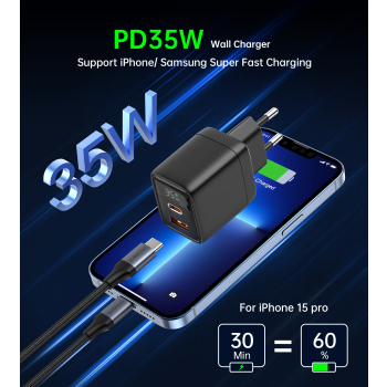 Mała mocna ładowarka sieciowa GaN USB-A USB-C PD 35W z wyświetlaczem czarna