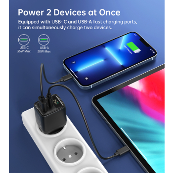 Mała mocna ładowarka sieciowa GaN USB-A USB-C PD 35W z wyświetlaczem czarna