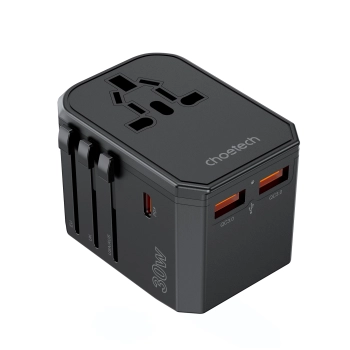 Uniwersalna ładowarka podróżna USB-C 2x USB-A PD 30W wtyczki USA EU UK AU czarna
