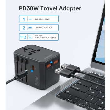 Uniwersalna ładowarka podróżna USB-C 2x USB-A PD 30W wtyczki USA EU UK AU czarna