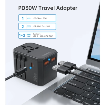 Uniwersalna ładowarka podróżna USB-C 2x USB-A PD 30W wtyczki USA EU UK AU czarna