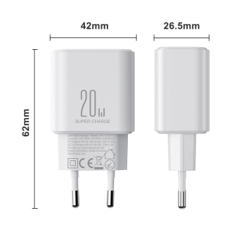 Ładowarka sieciowa USB-A USB-C PD 20W + kabel USB-C JR-TCF05 biała