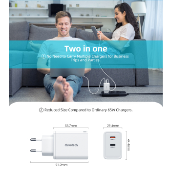 Ładowarka sieciowa GaN 2x USB-C PD 65W biała