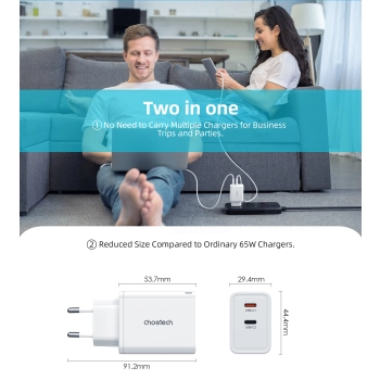 Ładowarka sieciowa GaN 2x USB-C PD 65W biała