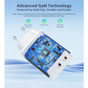 Ładowarka sieciowa GaN 2x USB-C PD 65W biała