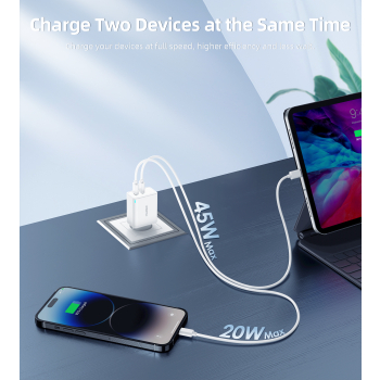 Ładowarka sieciowa GaN 2x USB-C PD 65W biała