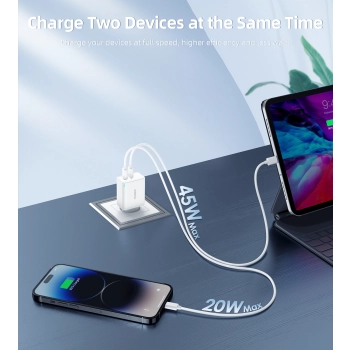 Ładowarka sieciowa GaN 2x USB-C PD 65W biała