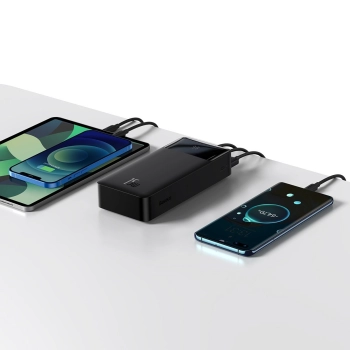 Powerbank 30000mAh 15W Bipow + kabel USB 4w1 microUSB / Lightning / 2x USB-C 1.2m czarny