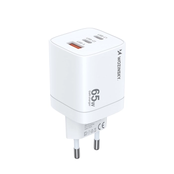 Ładowarka sieciowa GaN 65W 100-240V USB-A 2x USB-C biała