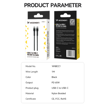 Kabel przewód w oplocie USB-C - USB-C PD 65W 1m czarny