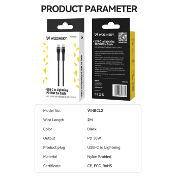 Kabel przewód do iPhone USB-C - Lightning PD 30W 2m czarny