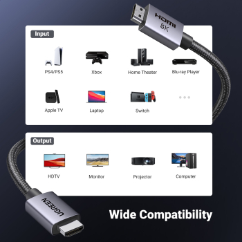 Kabel przewód HDMI 2.1 8K certyfikowany Ultra High Speed 1m szary