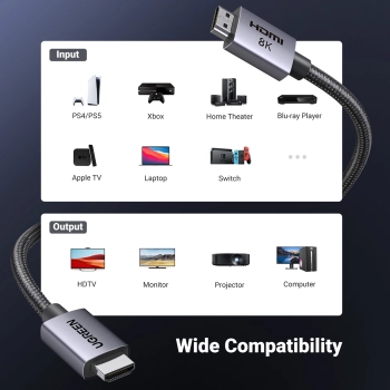 Kabel przewód HDMI 2.1 8K certyfikowany Ultra High Speed 1m szary