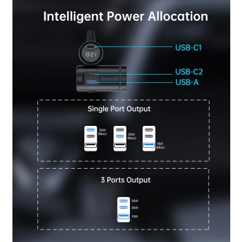Ładowarka samochodowa + 3x gniazdo zapalniczki 2x USB-C PD 1x USB-A QC - czarna