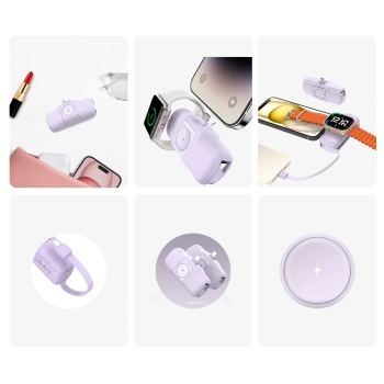 Mini powerbank 5000mAh 15W USB-C i ładowarką do Apple Watch - fioletowy