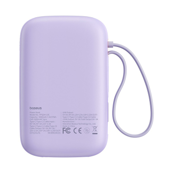 Power bank 10000mAh QPow 2 30W z wbudowanymi kablami USB-C - fioletowy