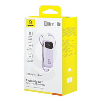 Power bank 10000mAh QPow 2 30W z wbudowanymi kablami USB-C - fioletowy