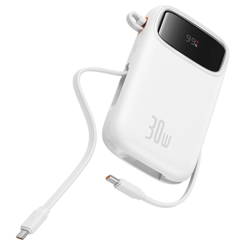 Power bank 10000mAh QPow 2 30W z wbudowanymi kablami USB-C - biały