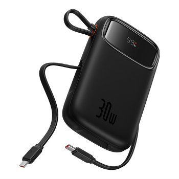 Power bank 10000mAh QPow 2 30W z wbudowanymi kablami USB-C - czarny