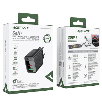 Ładowarka sieciowa A98 sieciowa GaN USB-A USB-C PD 30W - czarna