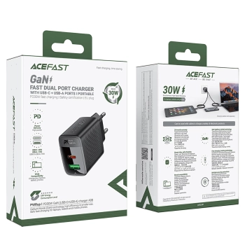 Ładowarka sieciowa A98 sieciowa GaN USB-A USB-C PD 30W - czarna