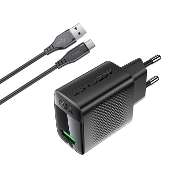 Ładowarka sieciowa A90 GaN USB-A QC 18W + kabel USB-C - czarna