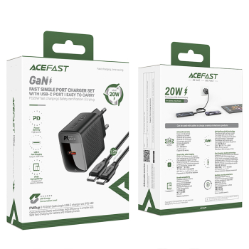 Ładowarka sieciowa A82 GaN USB-C PD 20W - czarna + kabel USB-C / USB-C