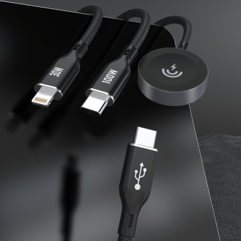 3w1 Kabel przewód USB-C - USB-C / iPhone Lightning / ładowarka do Apple Watch PD 100W 1.2m - czarny