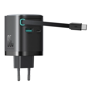 Ładowarka sieciowa GaN 65W USB-A USB-C z wbudowanym kablem USB-C - czarna